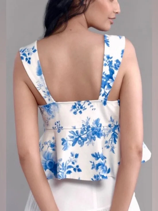Anthropologie Maeve White/Blue Floral Print Peplum Top/Sleeveless: M - Picture 3 of 8